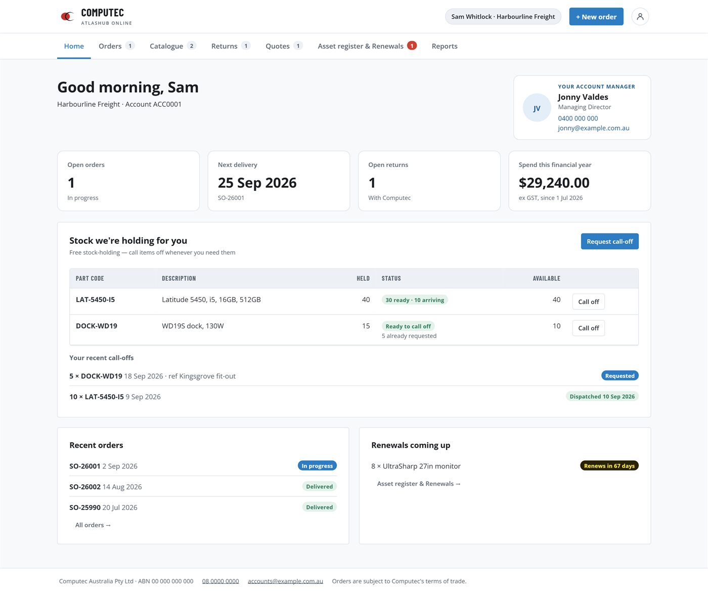 The AtlasHub Online home page, showing open orders, the next delivery date, stock held for the customer and their account manager