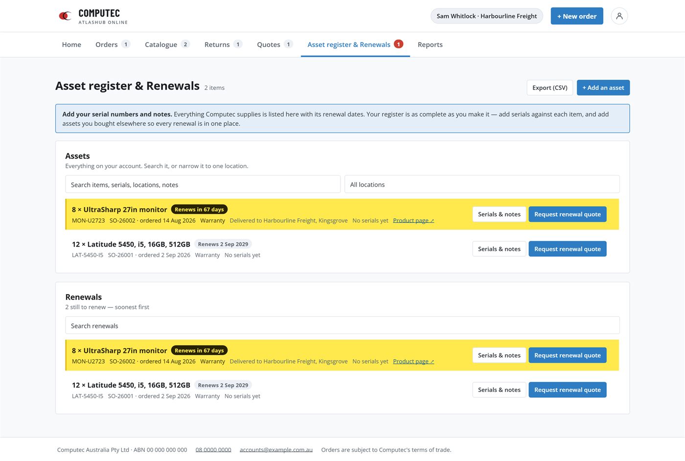 The AtlasHub Online asset register, listing assets with locations, serial numbers and upcoming renewal dates